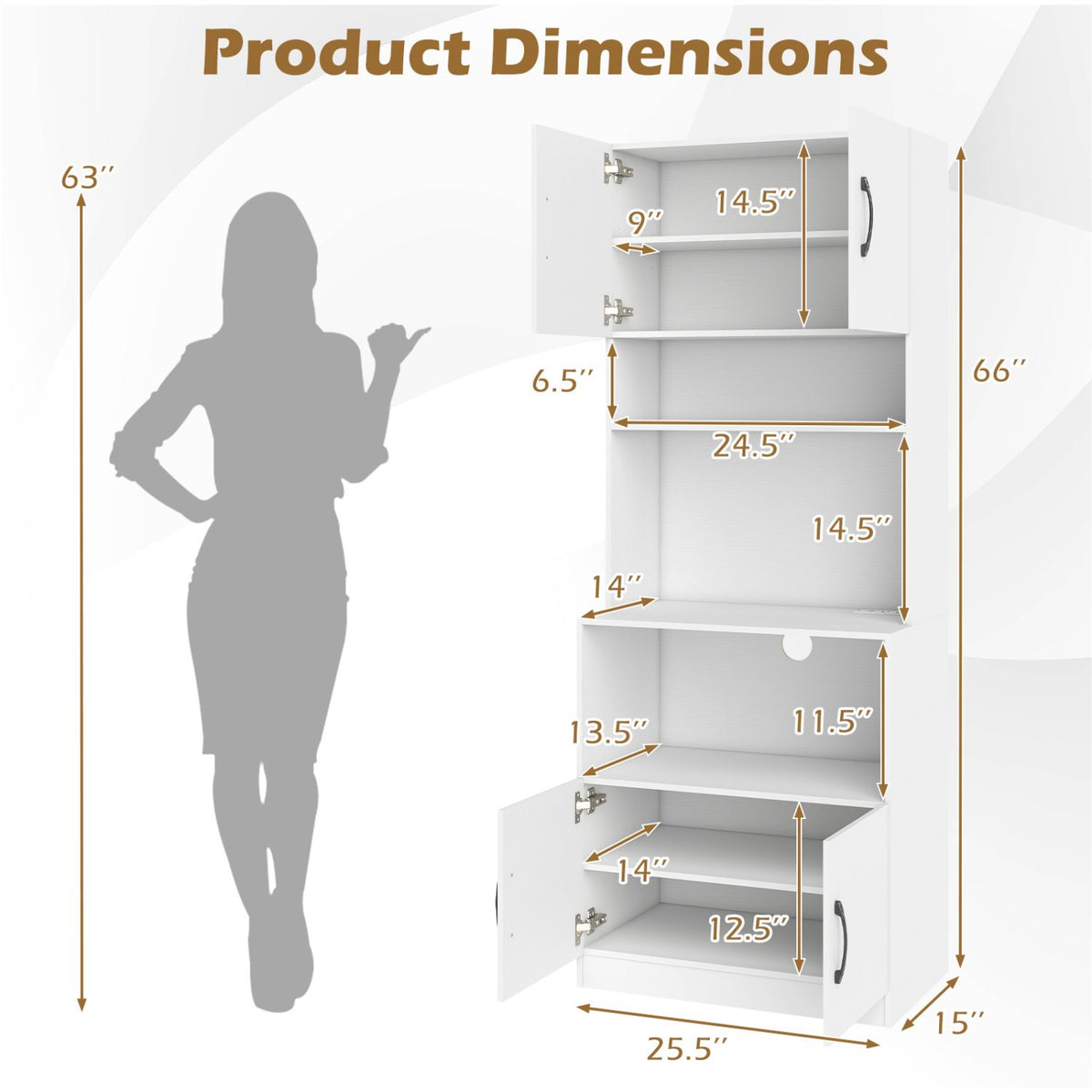 66 Inch Kitchen Pantry Cabinet with Charging Station and Adjustable Shelves for Dining Room-White view 5