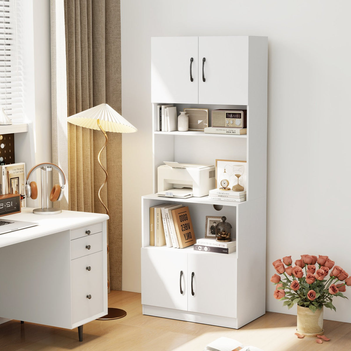 66 Inch Kitchen Pantry Cabinet with Charging Station and Adjustable Shelves for Dining Room-White view 6