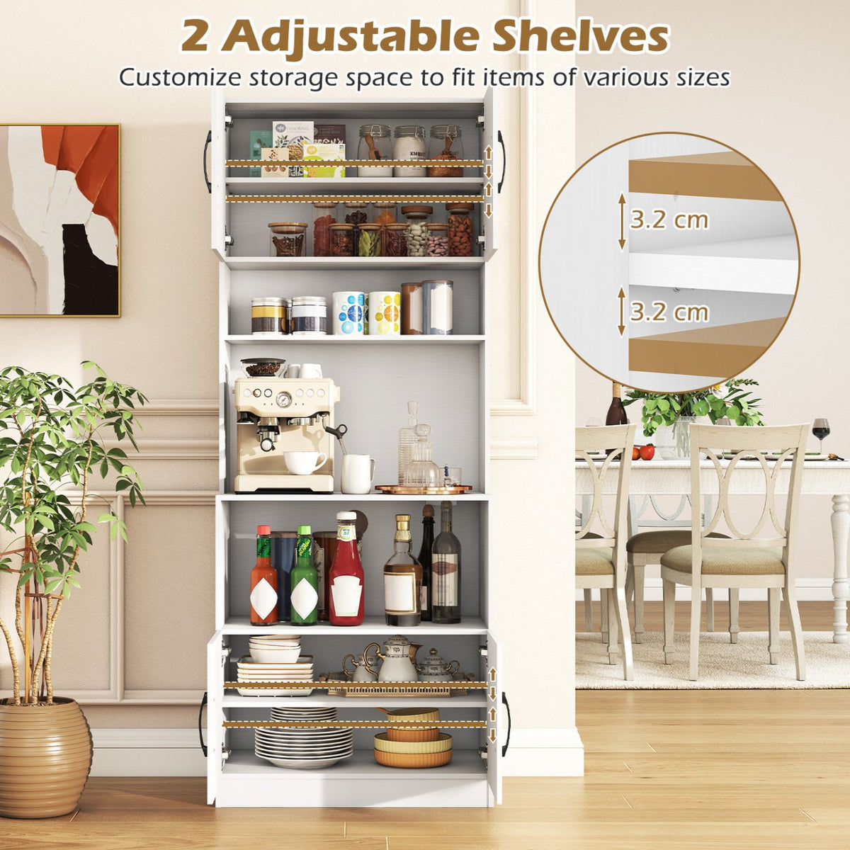 66 Inch Kitchen Pantry Cabinet with Charging Station and Adjustable Shelves for Dining Room-White view 9