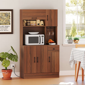 66 inch Pantry Cabinet with Charging Station and Microwave Stand-Brown view 3