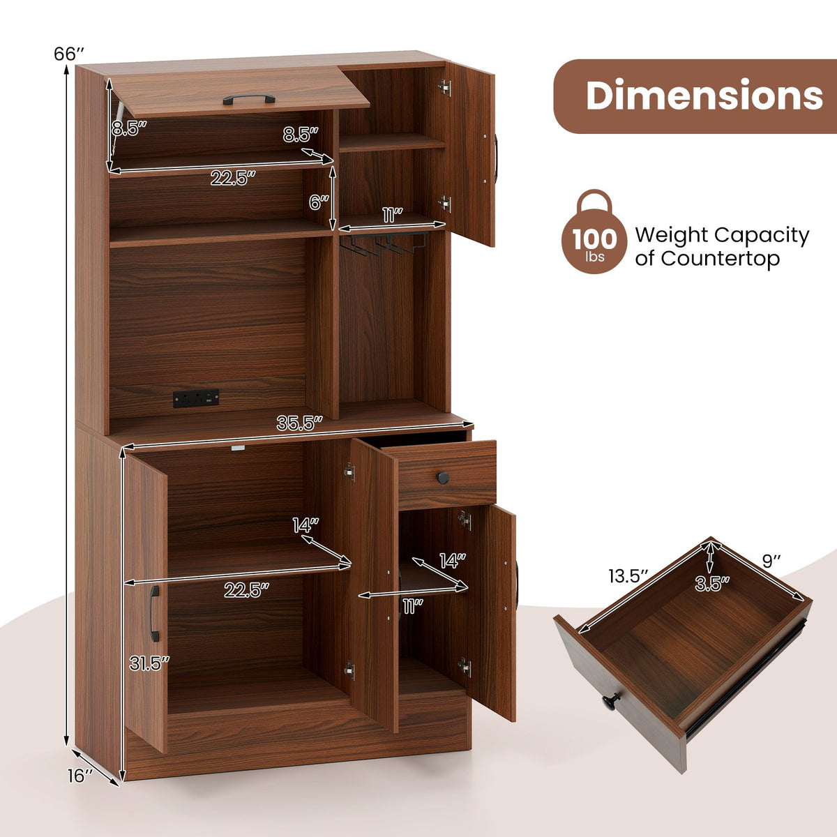 66 inch Pantry Cabinet with Charging Station and Microwave Stand-Brown view 5