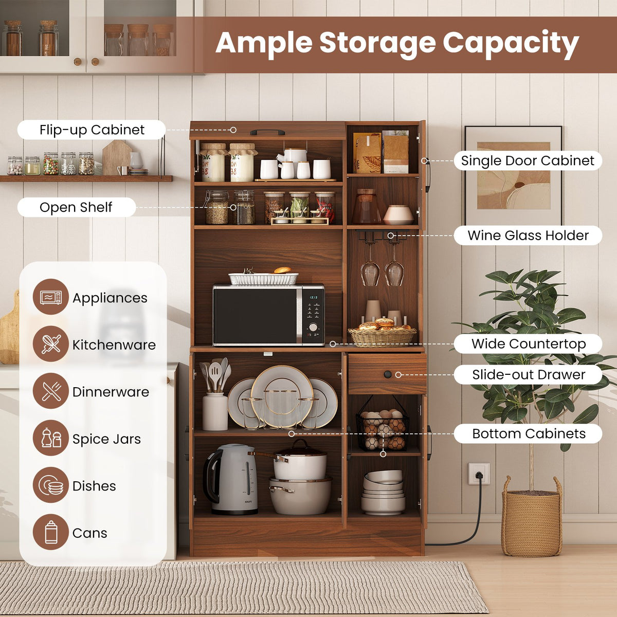 66 inch Pantry Cabinet with Charging Station and Microwave Stand-Brown view 7