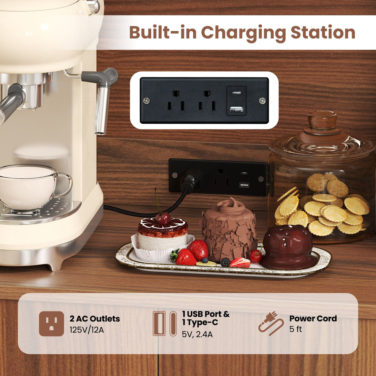 66 inch Pantry Cabinet with Charging Station and Microwave Stand-Brown view 9