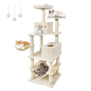 66 Inch Tall Cat Tree Multi-Level Cat Tower with 2 Condos Sisal Scratching Posts-Beige
