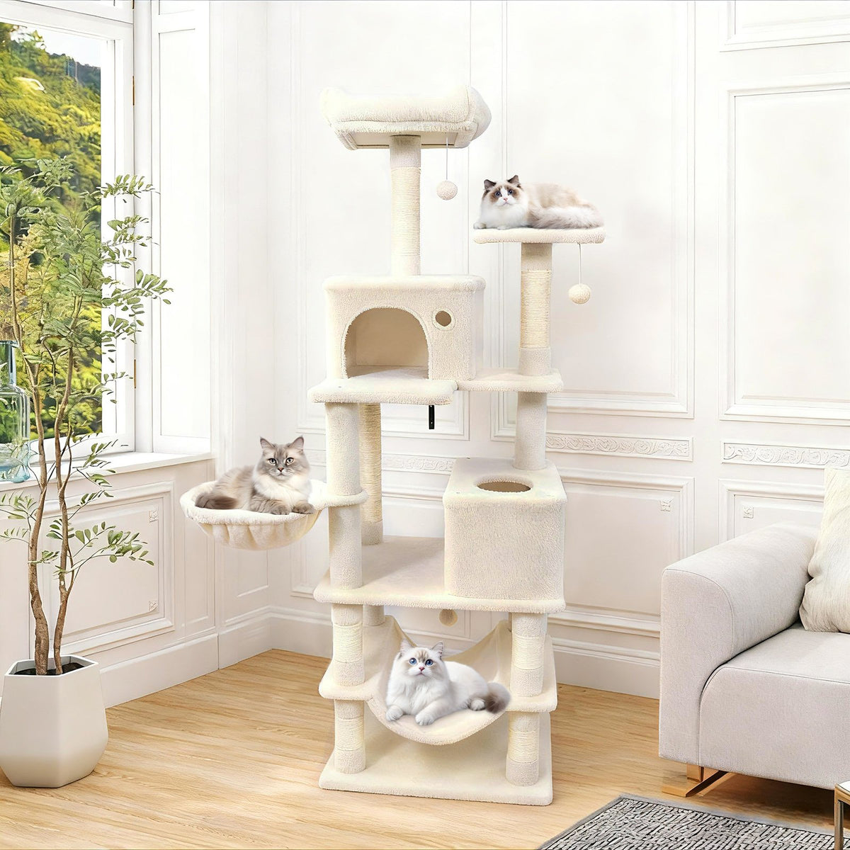 66 Inch Tall Cat Tree Multi-Level Cat Tower with 2 Condos Sisal Scratching Posts-Beige view 2