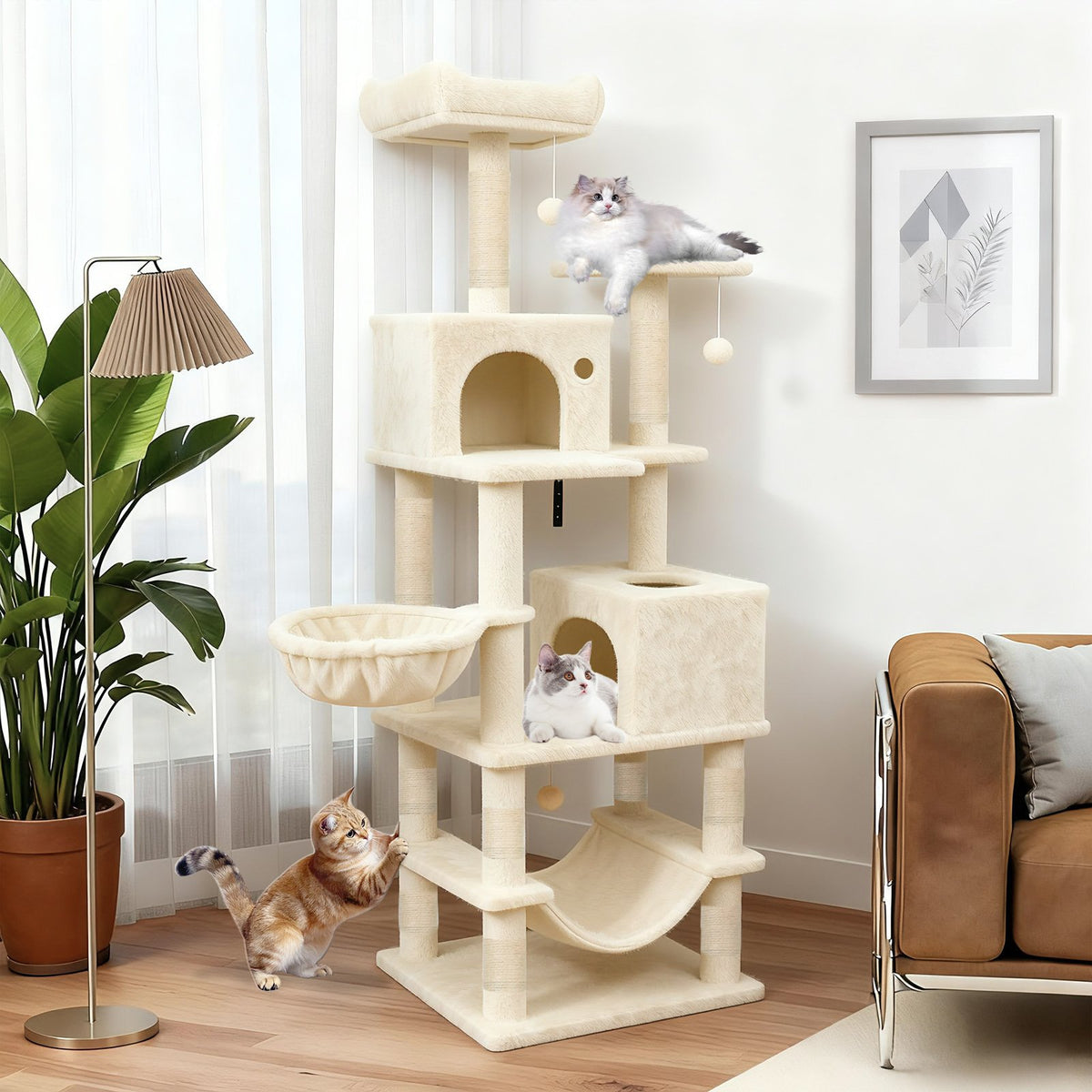 66 Inch Tall Cat Tree Multi-Level Cat Tower with 2 Condos Sisal Scratching Posts-Beige view 3