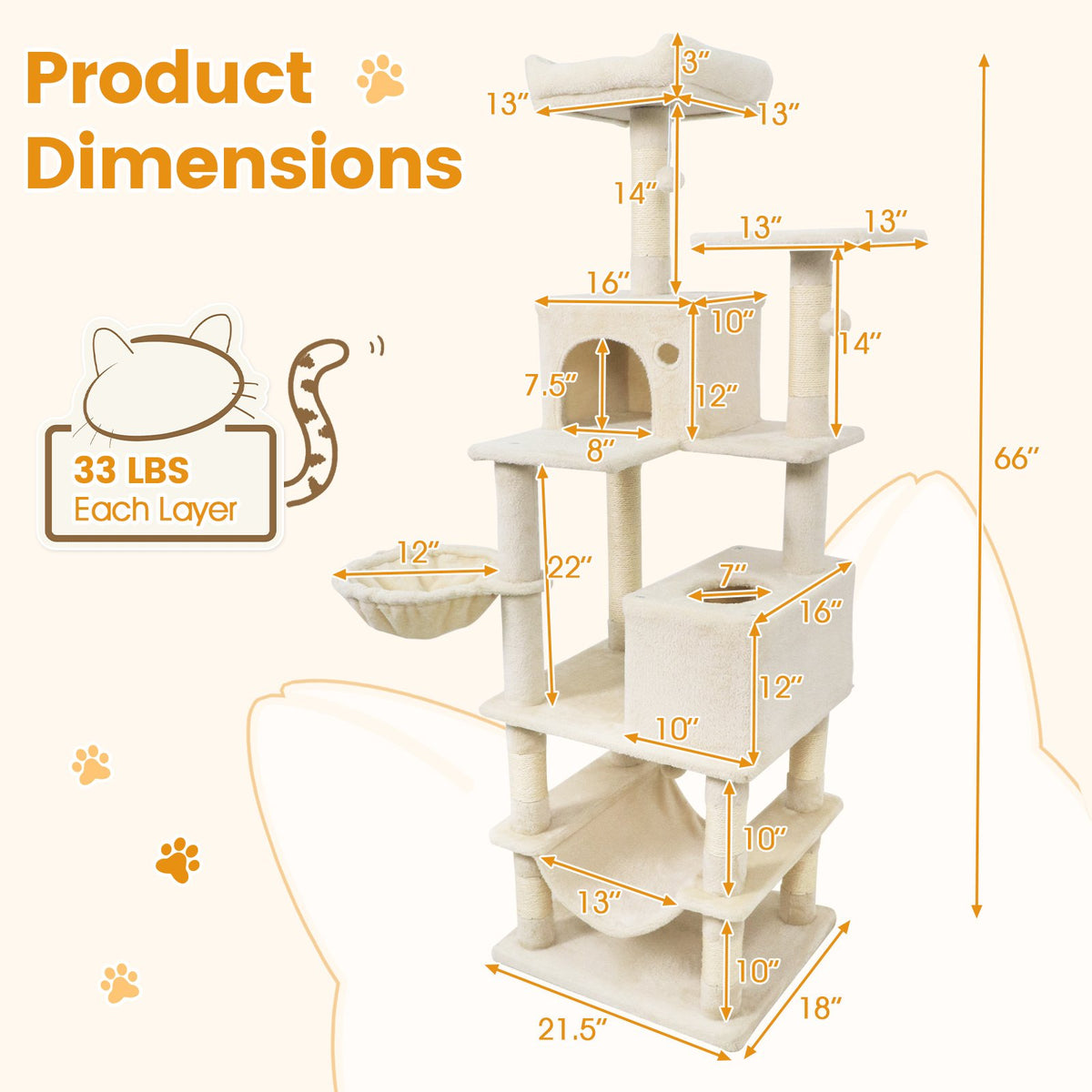 66 Inch Tall Cat Tree Multi-Level Cat Tower with 2 Condos Sisal Scratching Posts-Beige view 5