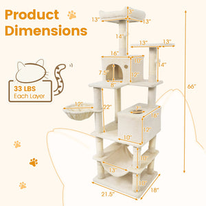 66 Inch Tall Cat Tree Multi-Level Cat Tower with 2 Condos Sisal Scratching Posts-Beige view 5