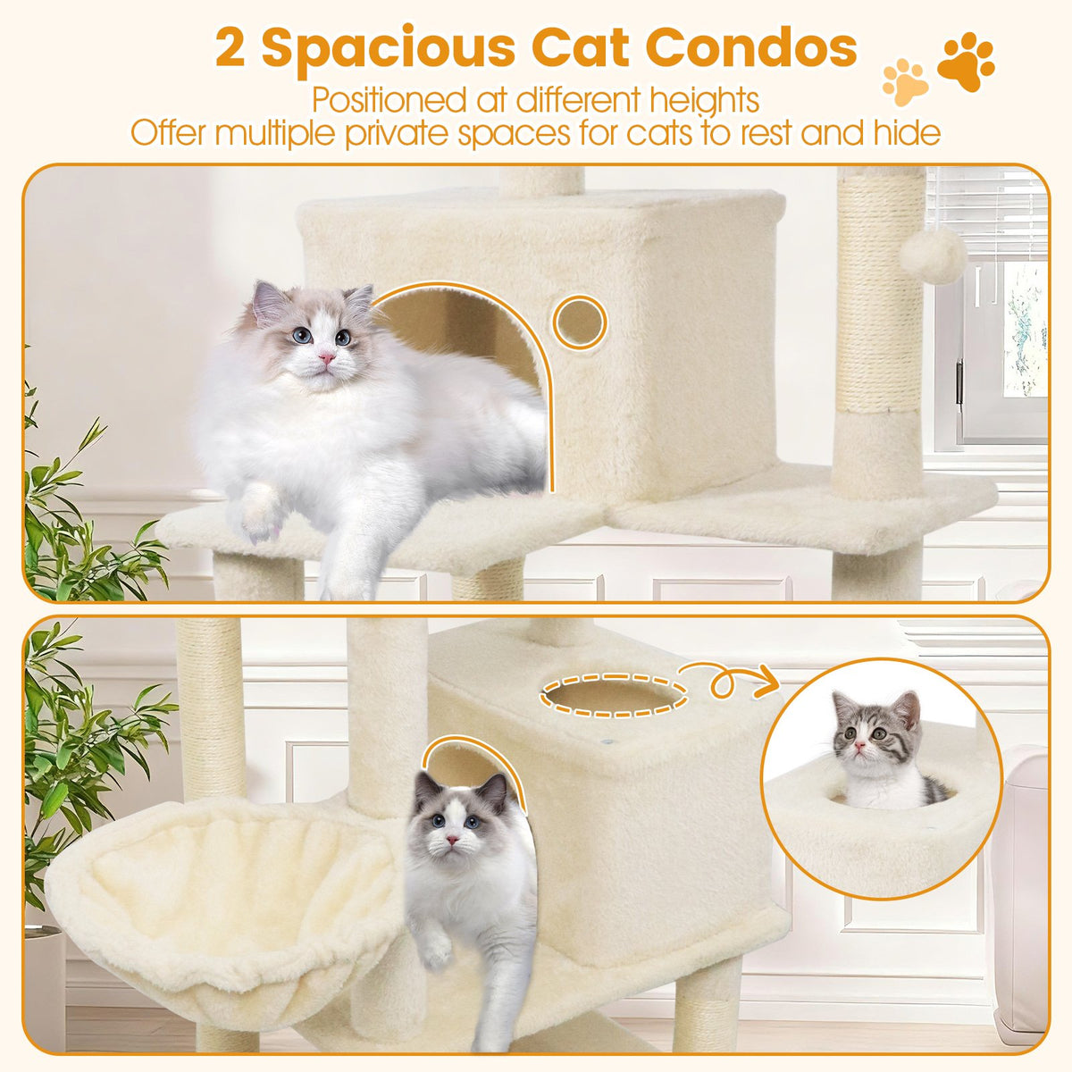 66 Inch Tall Cat Tree Multi-Level Cat Tower with 2 Condos Sisal Scratching Posts-Beige view 7