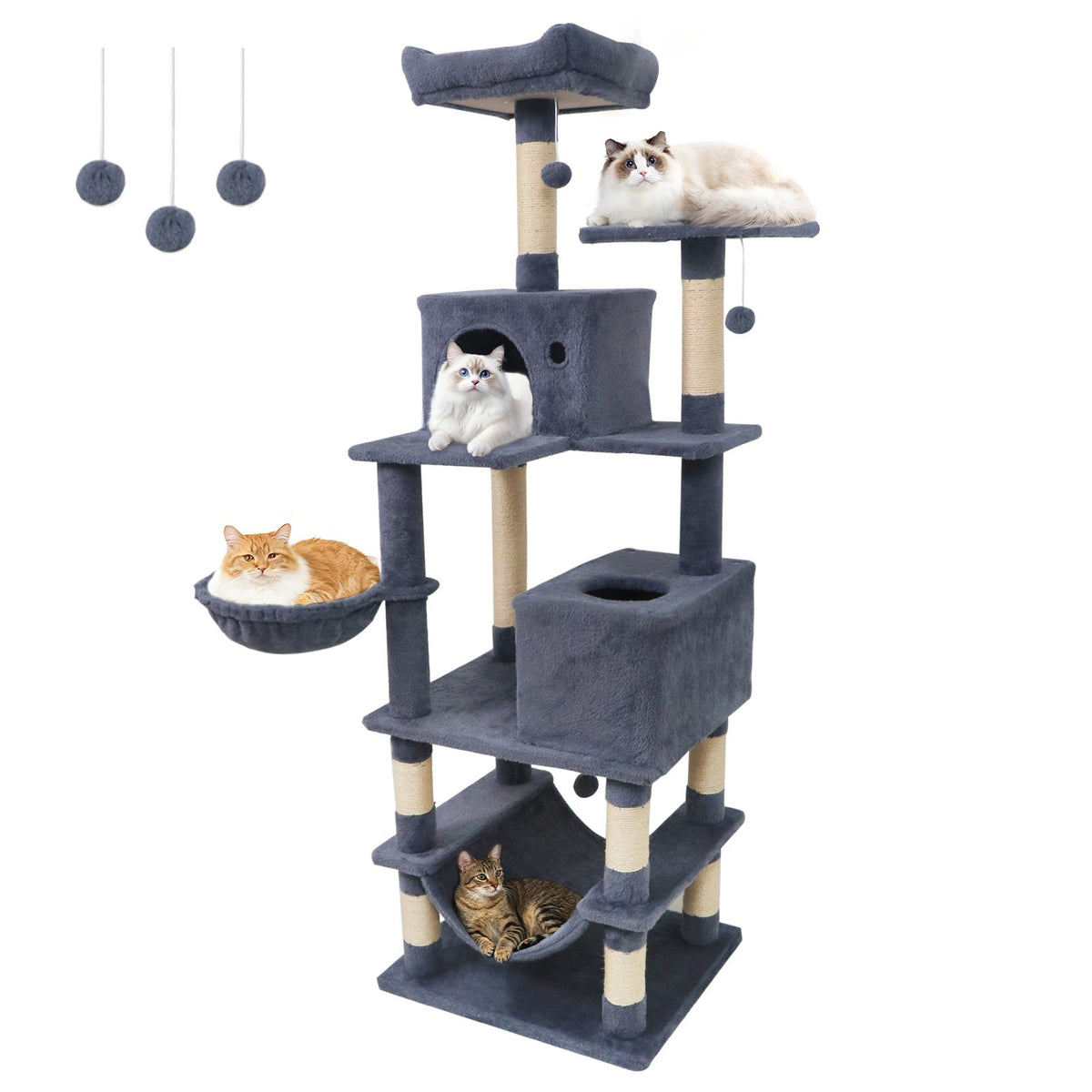 66 Inch Tall Cat Tree Multi-Level Cat Tower with 2 Condos Sisal Scratching Posts-Dark Gray