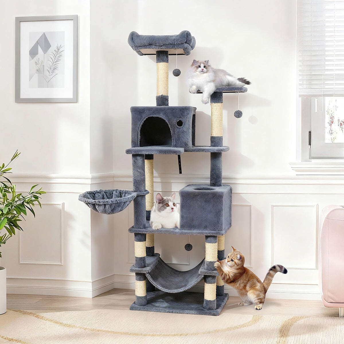 66 Inch Tall Cat Tree Multi-Level Cat Tower with 2 Condos Sisal Scratching Posts-Dark Gray view 3
