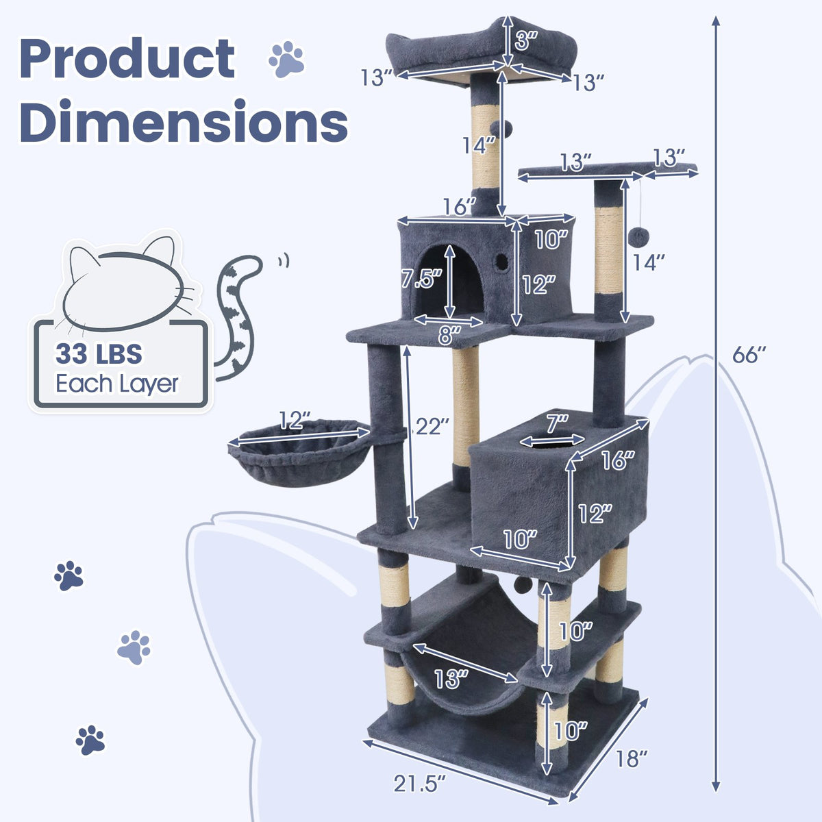 66 Inch Tall Cat Tree Multi-Level Cat Tower with 2 Condos Sisal Scratching Posts-Dark Gray view 5