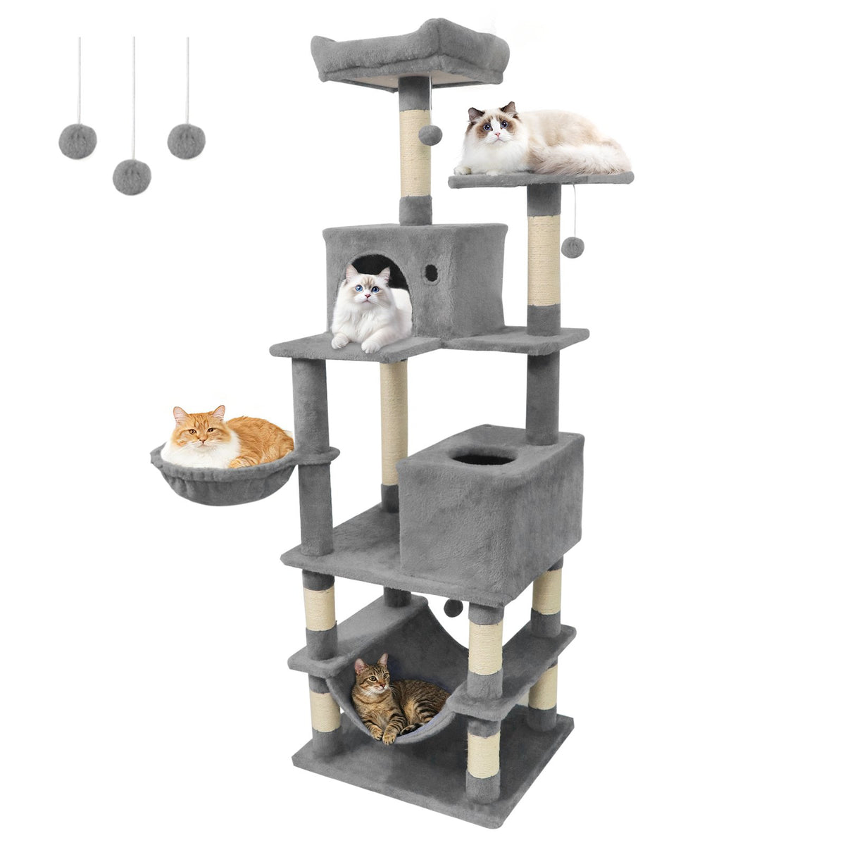 66 Inch Tall Cat Tree Multi-Level Cat Tower with 2 Condos Sisal Scratching Posts-Light Gray