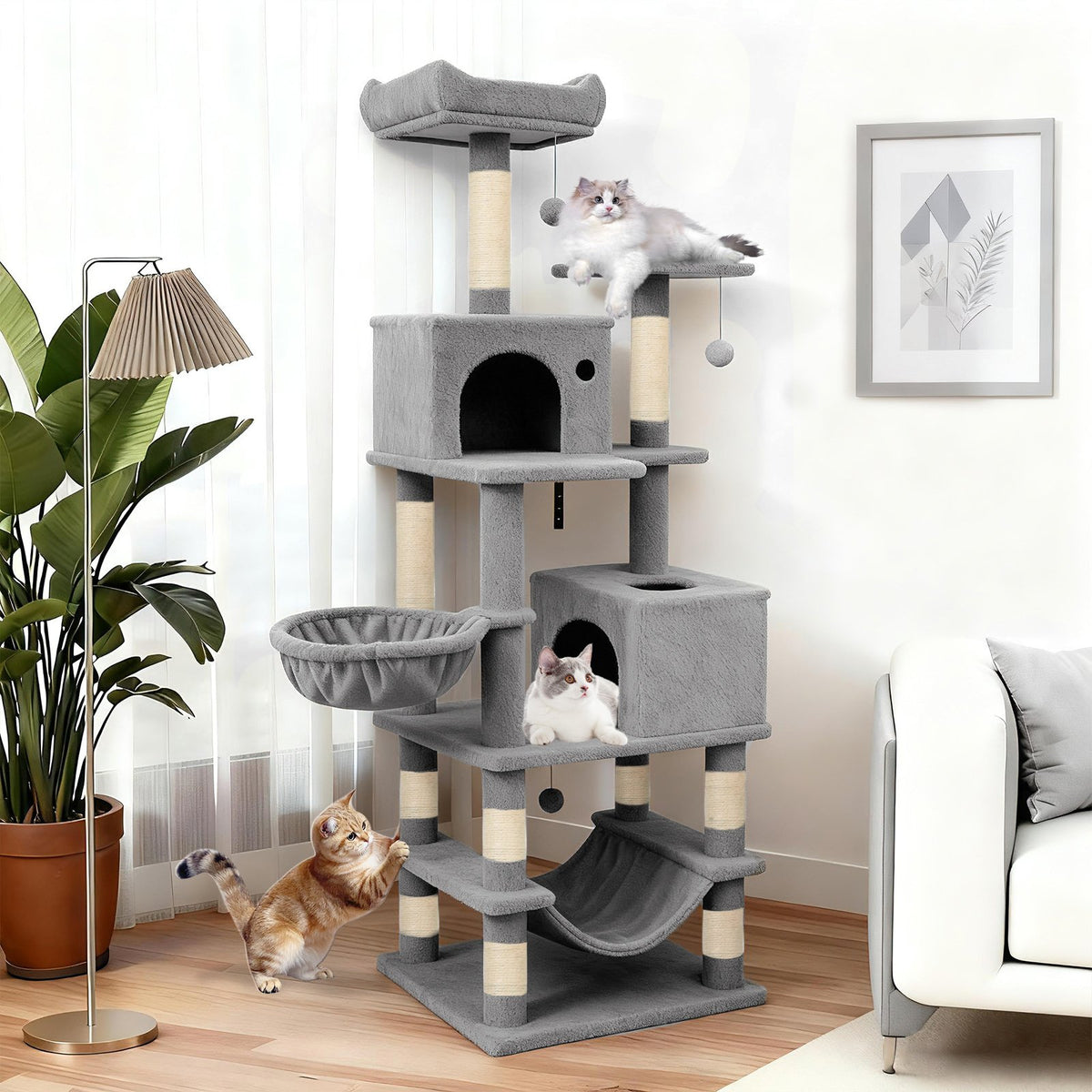 66 Inch Tall Cat Tree Multi-Level Cat Tower with 2 Condos Sisal Scratching Posts-Light Gray view 2