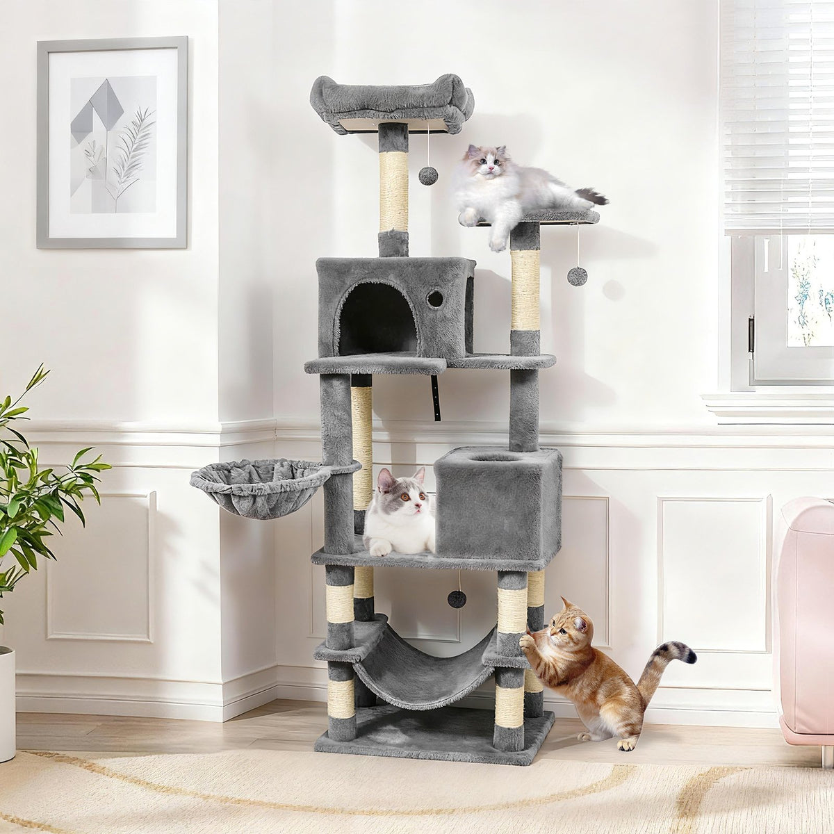 66 Inch Tall Cat Tree Multi-Level Cat Tower with 2 Condos Sisal Scratching Posts-Light Gray view 3