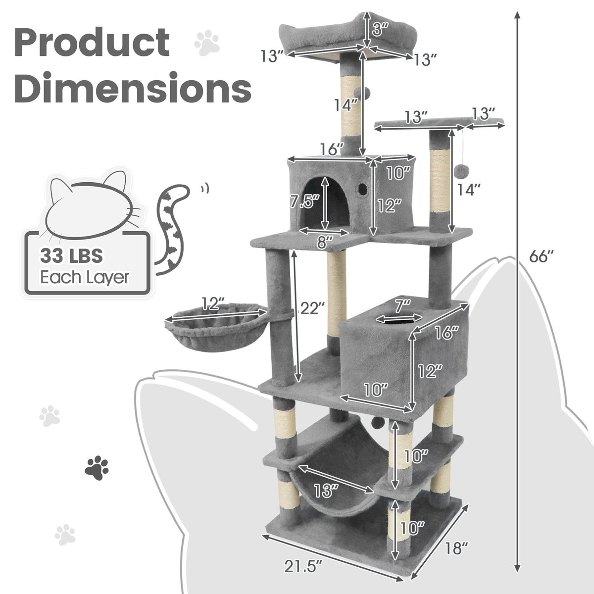 66 Inch Tall Cat Tree Multi-Level Cat Tower with 2 Condos Sisal Scratching Posts-Light Gray view 5