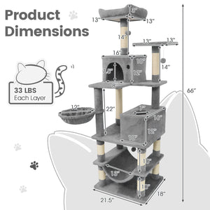 66 Inch Tall Cat Tree Multi-Level Cat Tower with 2 Condos Sisal Scratching Posts-Light Gray view 5