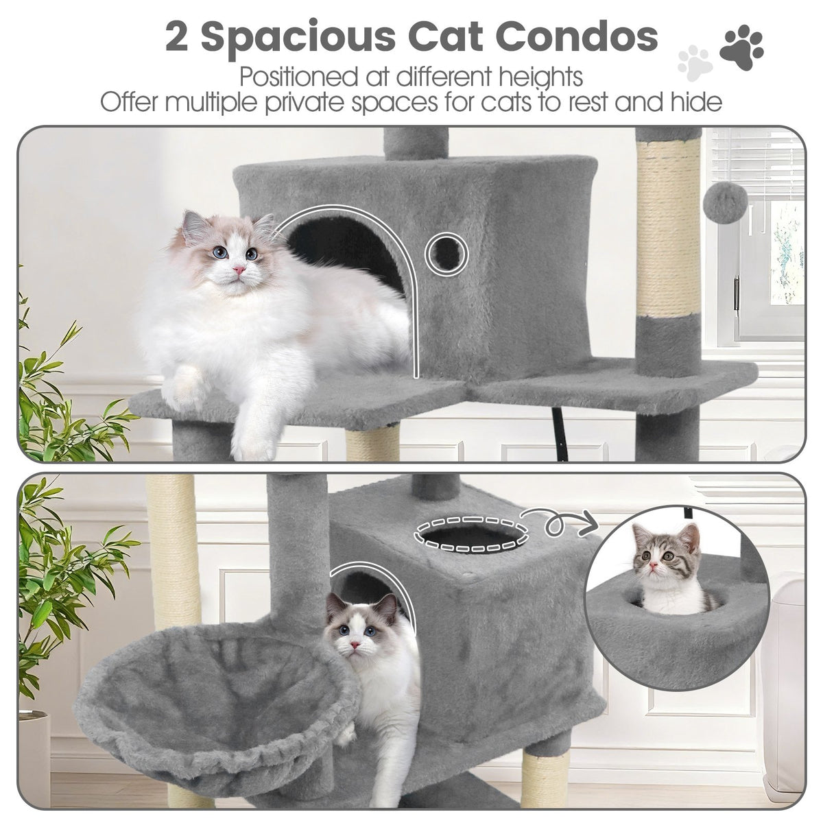 66 Inch Tall Cat Tree Multi-Level Cat Tower with 2 Condos Sisal Scratching Posts-Light Gray view 7