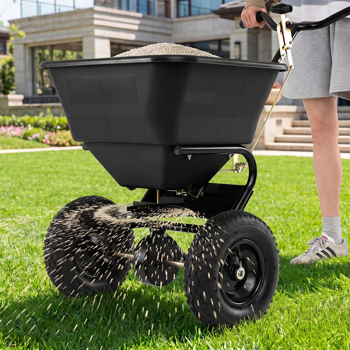 66 LBS Walk-Behind Broadcast Spreader with 13 Inch All-Terrain Tires-Black view 6