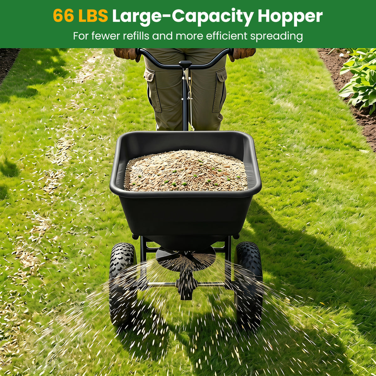 66 LBS Walk-Behind Broadcast Spreader with 13 Inch All-Terrain Tires-Black view 8