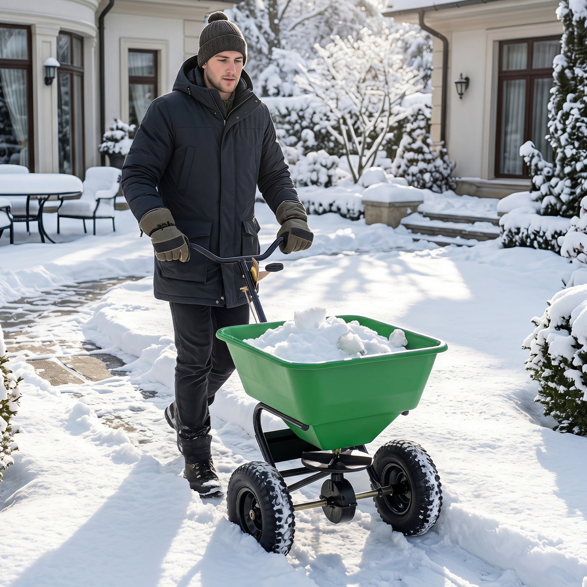 66 LBS Walk-Behind Broadcast Spreader with 13 Inch All-Terrain Tires-Green view 3