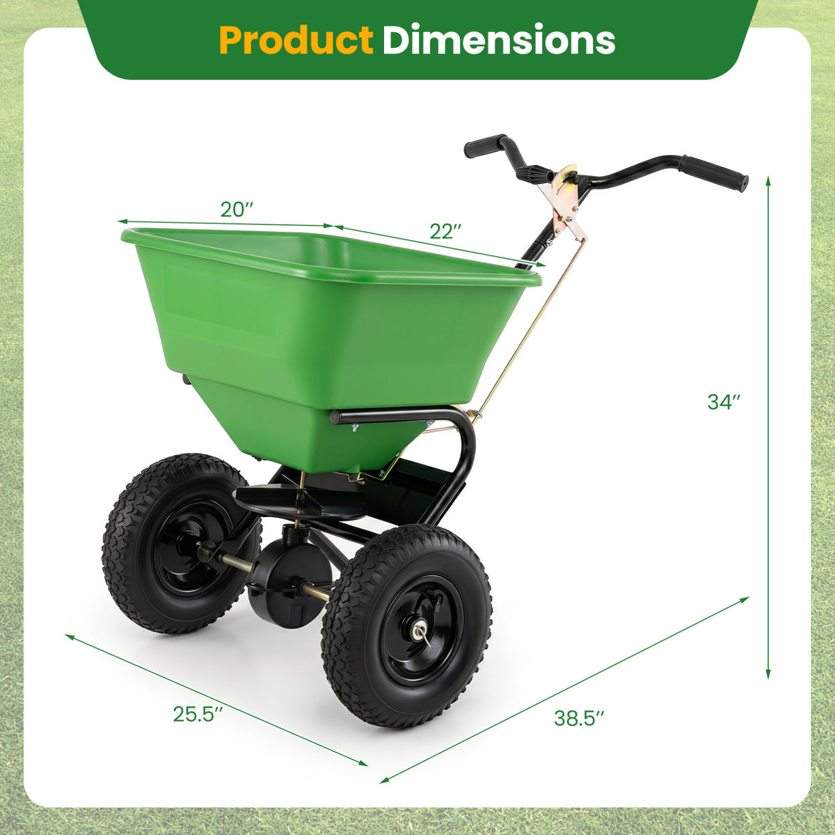 66 LBS Walk-Behind Broadcast Spreader with 13 Inch All-Terrain Tires-Green view 5
