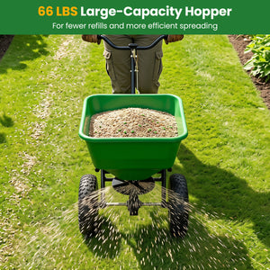 66 LBS Walk-Behind Broadcast Spreader with 13 Inch All-Terrain Tires-Green view 7