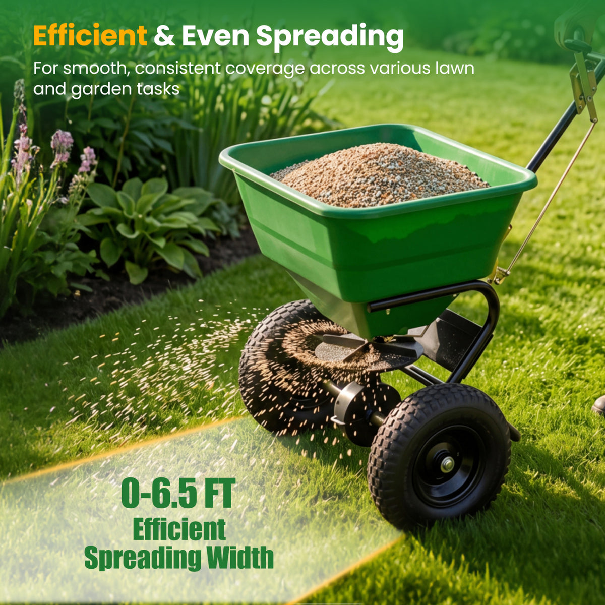 66 LBS Walk-Behind Broadcast Spreader with 13 Inch All-Terrain Tires-Green view 8