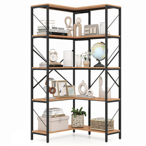 66 inches Tall 5-Tier L-Shaped Bookcase with Metal Frame for Living Room-Rustic Brown