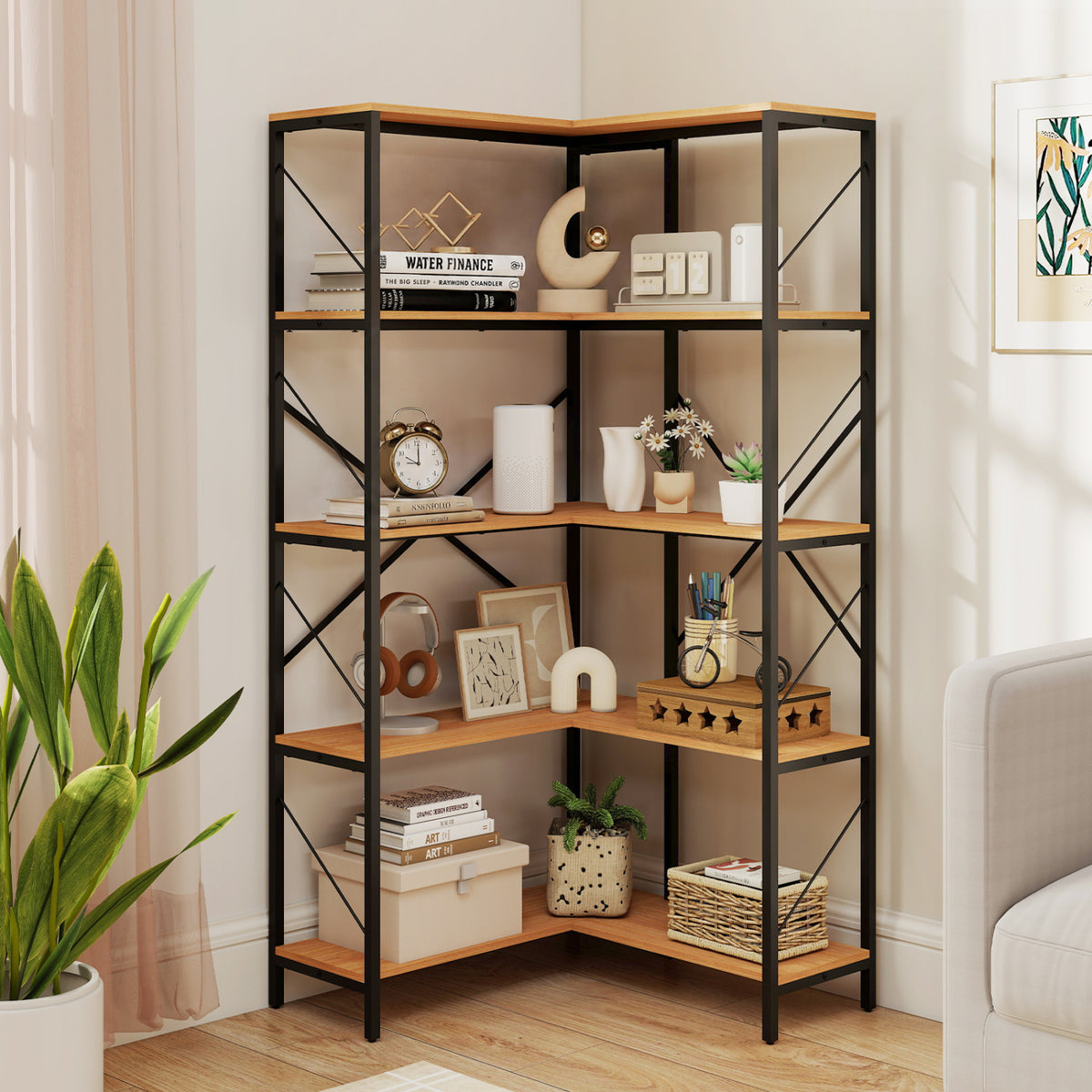 66 inches Tall 5-Tier L-Shaped Bookcase with Metal Frame for Living Room-Rustic Brown view 2