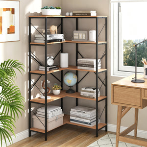 66 inches Tall 5-Tier L-Shaped Bookcase with Metal Frame for Living Room-Rustic Brown view 3