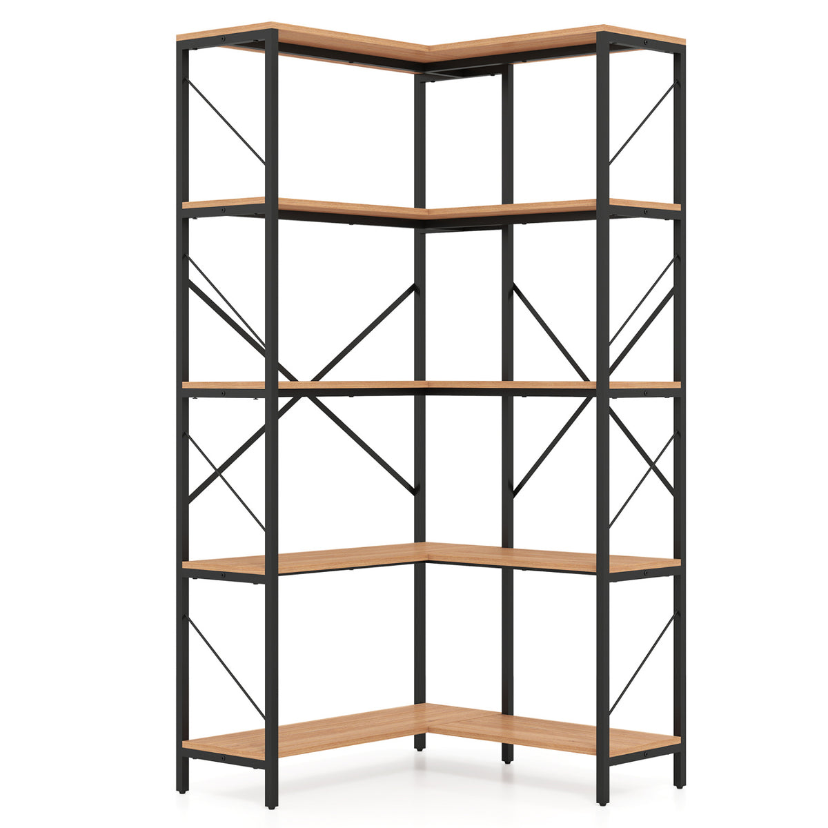 66 inches Tall 5-Tier L-Shaped Bookcase with Metal Frame for Living Room-Rustic Brown view 4