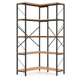 66 inches Tall 5-Tier L-Shaped Bookcase with Metal Frame for Living Room-Rustic Brown view 4