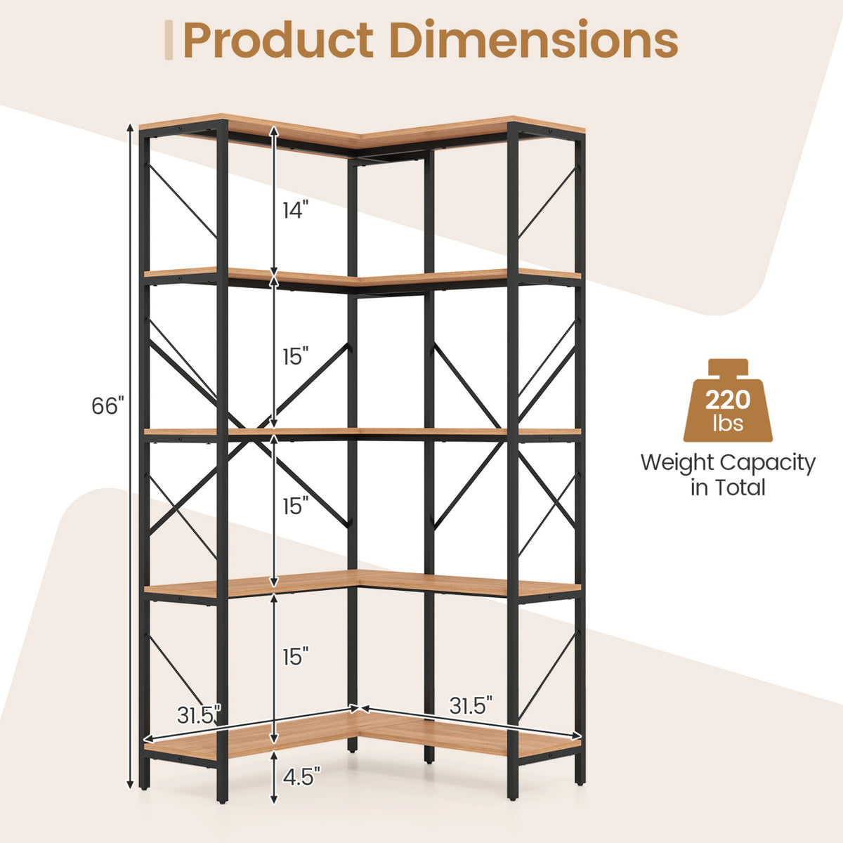 66 inches Tall 5-Tier L-Shaped Bookcase with Metal Frame for Living Room-Rustic Brown view 5