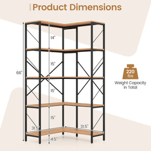 66 inches Tall 5-Tier L-Shaped Bookcase with Metal Frame for Living Room-Rustic Brown view 5