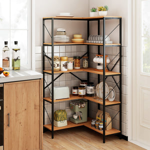 66 inches Tall 5-Tier L-Shaped Bookcase with Metal Frame for Living Room-Rustic Brown view 6