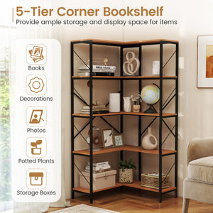 66 inches Tall 5-Tier L-Shaped Bookcase with Metal Frame for Living Room-Rustic Brown view 7