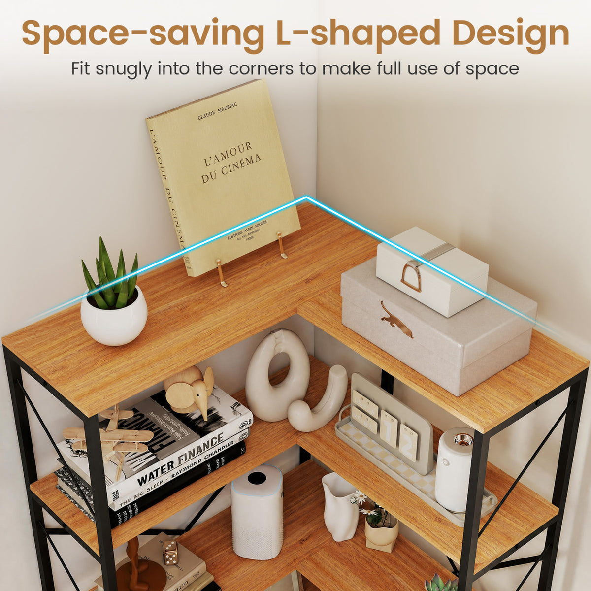 66 inches Tall 5-Tier L-Shaped Bookcase with Metal Frame for Living Room-Rustic Brown view 8