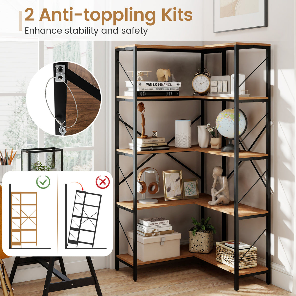 66 inches Tall 5-Tier L-Shaped Bookcase with Metal Frame for Living Room-Rustic Brown view 9