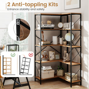 66 inches Tall 5-Tier L-Shaped Bookcase with Metal Frame for Living Room-Rustic Brown view 9