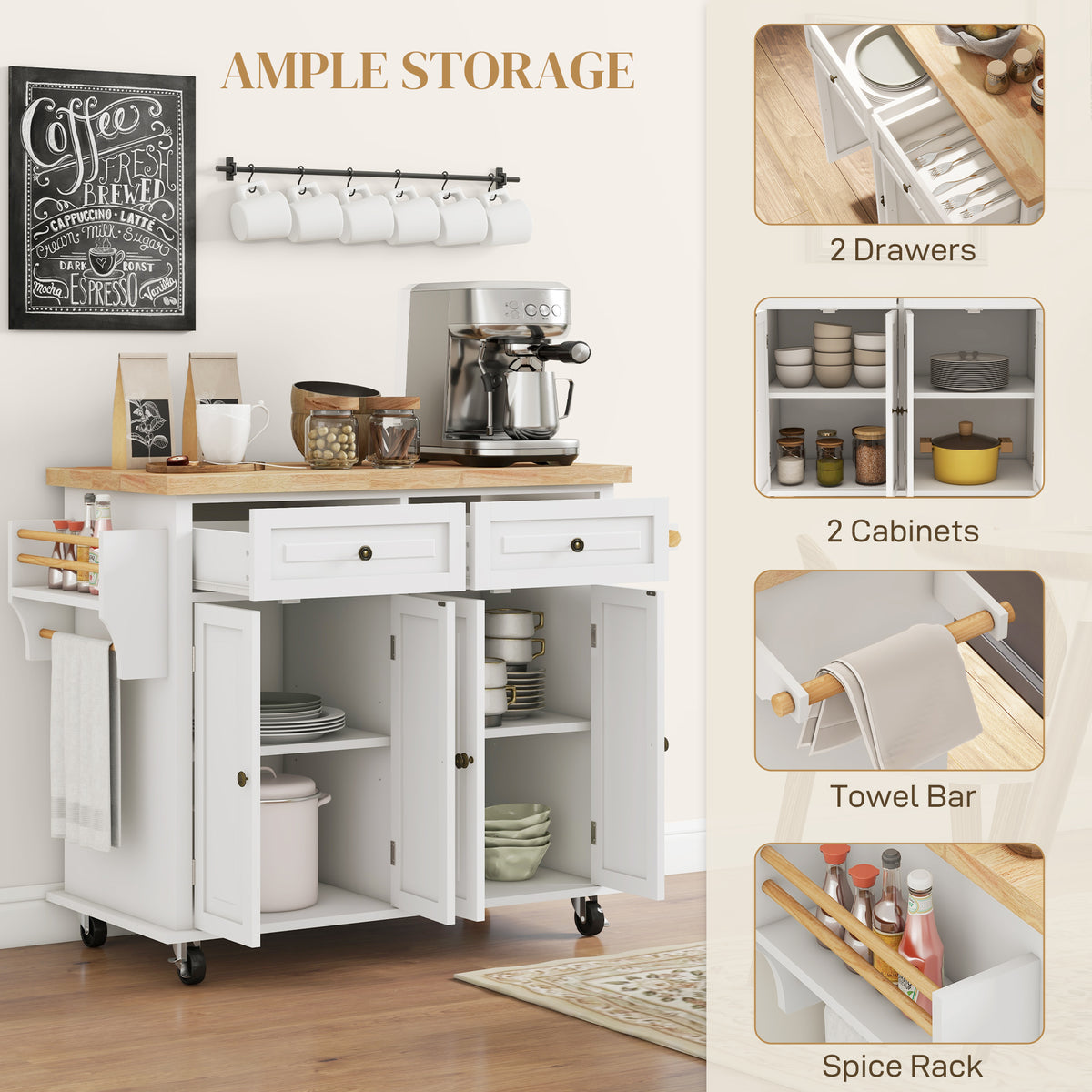 Kitchen Island with Storage, Rolling Trolley Cart with Rubber Wood Top, Spice Rack, Towel Rack, Brown Oak – view 26