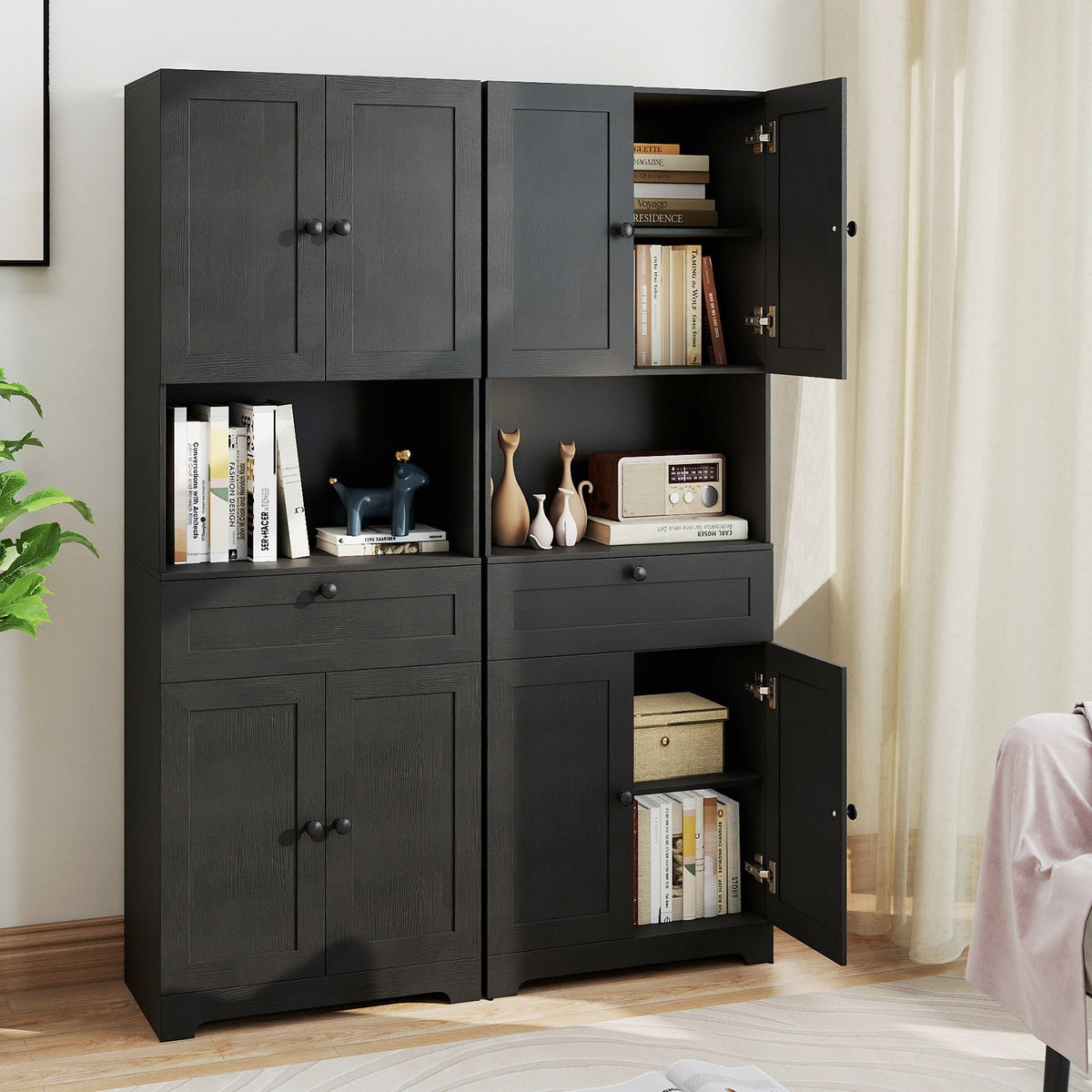 67.5 Inch Tall Modern Freestanding Floor Storage Cabinet with 4 Doors and 1 Drawer-Black view 3