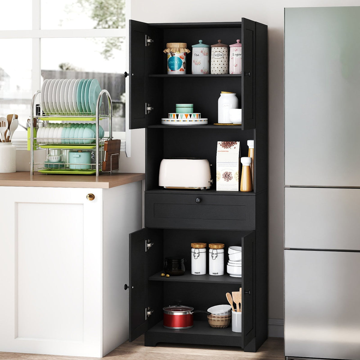67.5 Inch Tall Modern Freestanding Floor Storage Cabinet with 4 Doors and 1 Drawer-Black view 6
