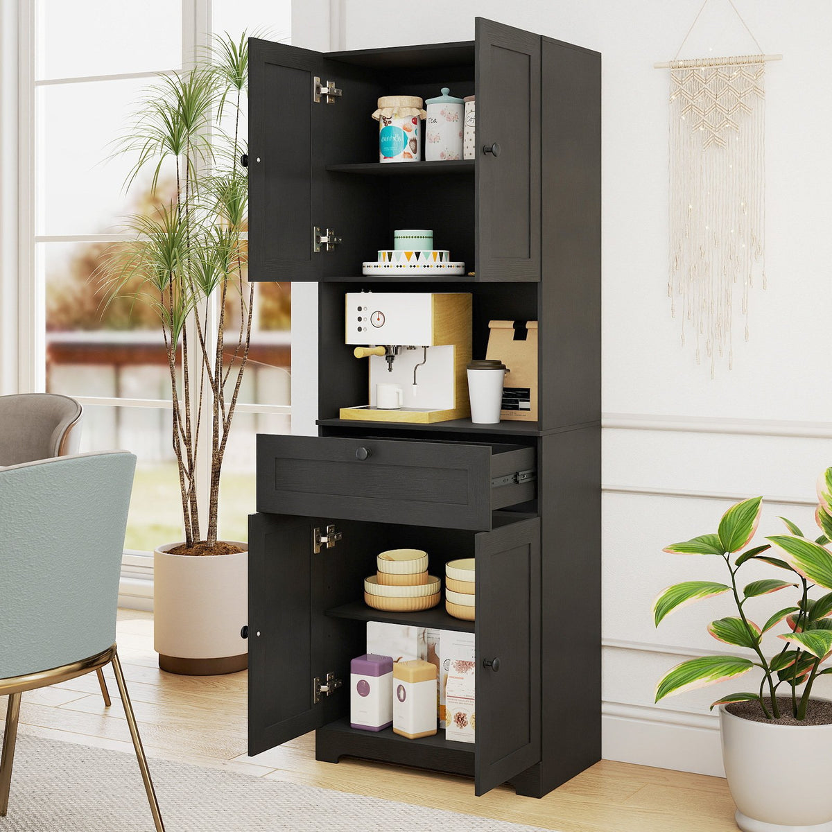 67.5 Inch Tall Modern Freestanding Floor Storage Cabinet with 4 Doors and 1 Drawer-Black view 7