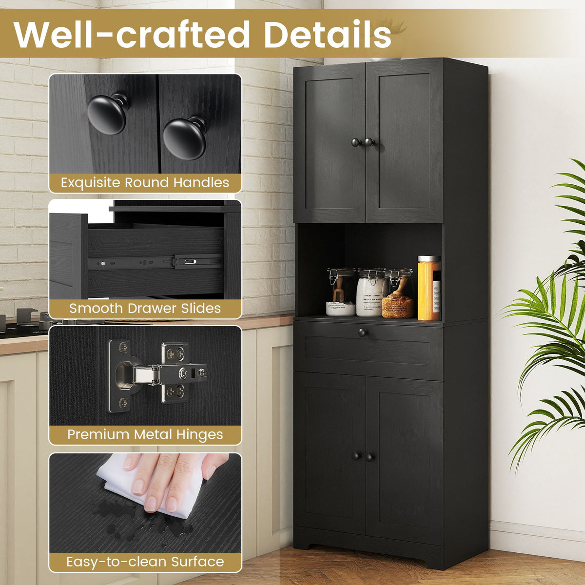67.5 Inch Tall Modern Freestanding Floor Storage Cabinet with 4 Doors and 1 Drawer-Black view 8