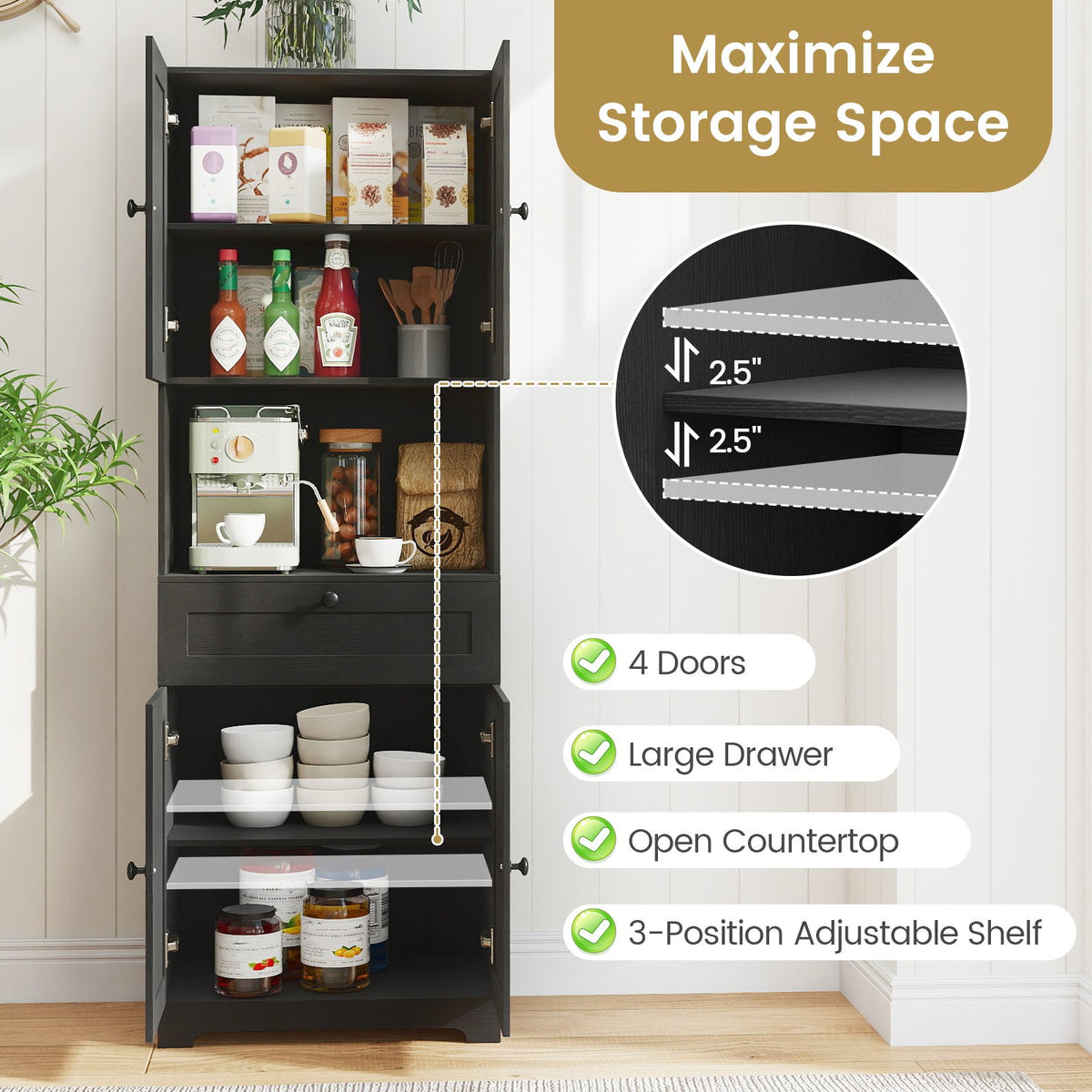 67.5 Inch Tall Modern Freestanding Floor Storage Cabinet with 4 Doors and 1 Drawer-Black view 9