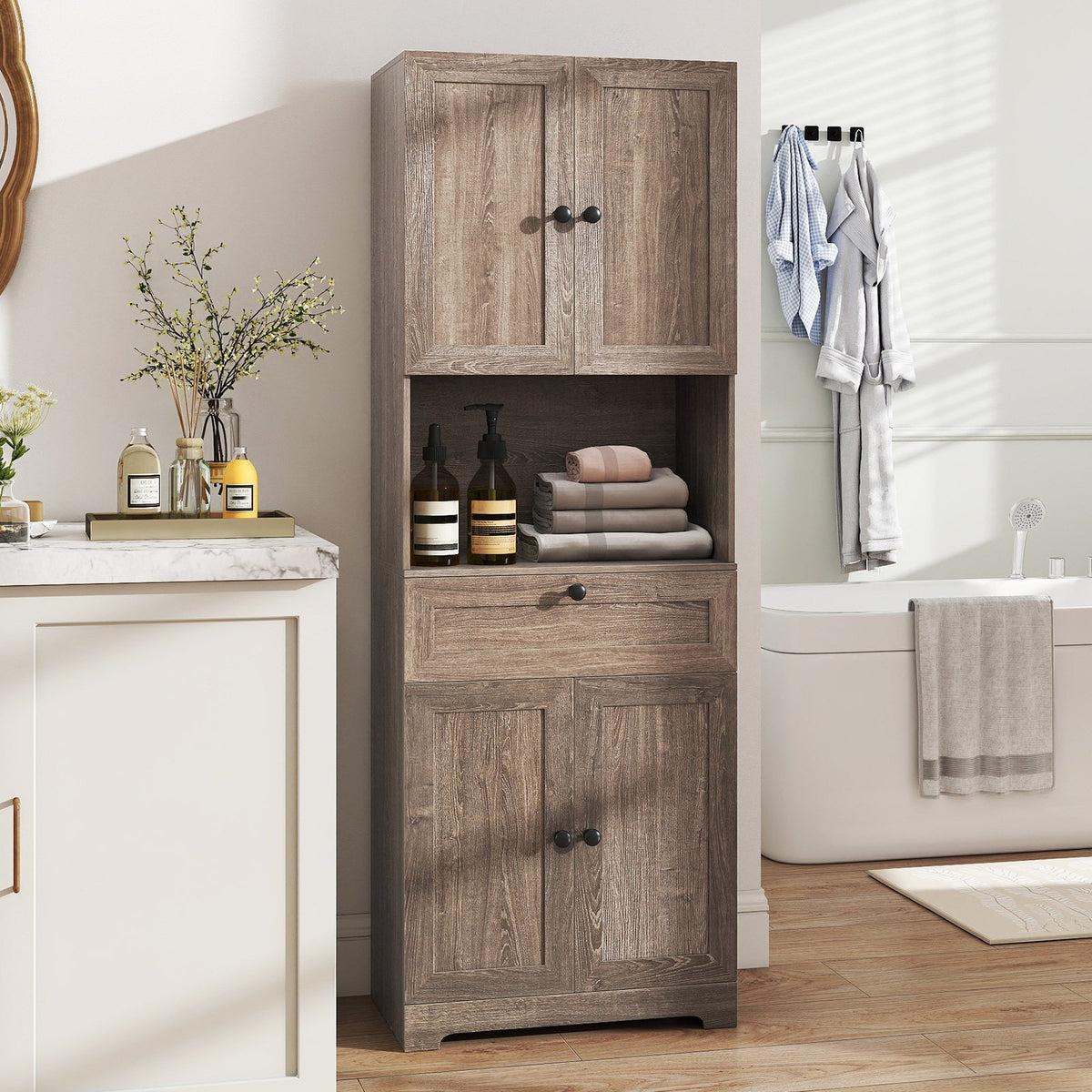 67.5 Inch Tall Modern Freestanding Floor Storage Cabinet with 4 Doors and 1 Drawer-Oak view 2