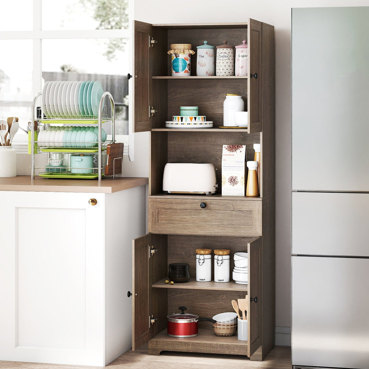 67.5 Inch Tall Modern Freestanding Floor Storage Cabinet with 4 Doors and 1 Drawer-Oak view 3