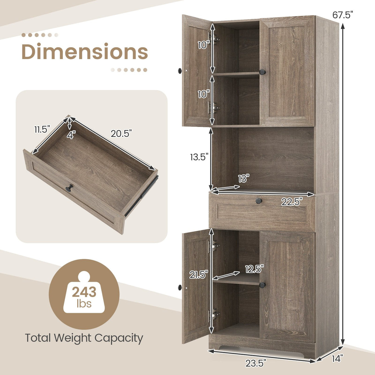 67.5 Inch Tall Modern Freestanding Floor Storage Cabinet with 4 Doors and 1 Drawer-Oak view 5