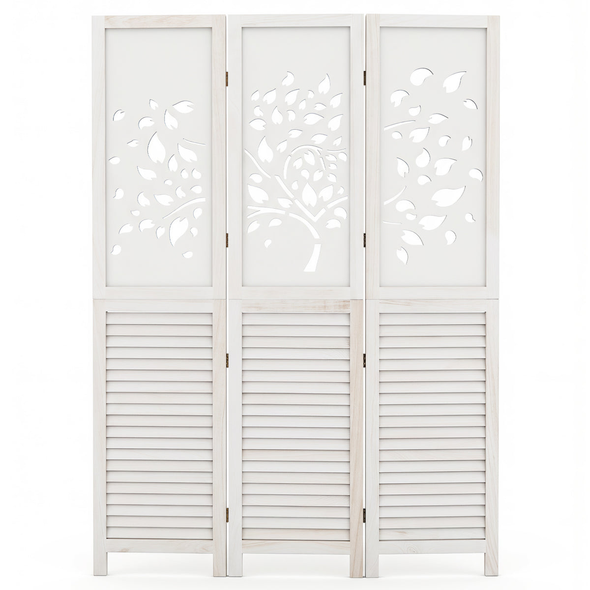 67 inches Folding Room Divider 3 Panels with Tree Cutout & Louver Design for Room-White